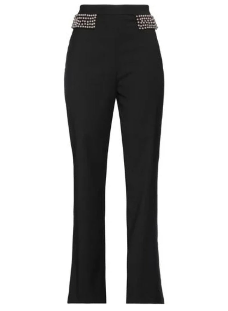 Women flare legs black classic formal rhinestones belt pants