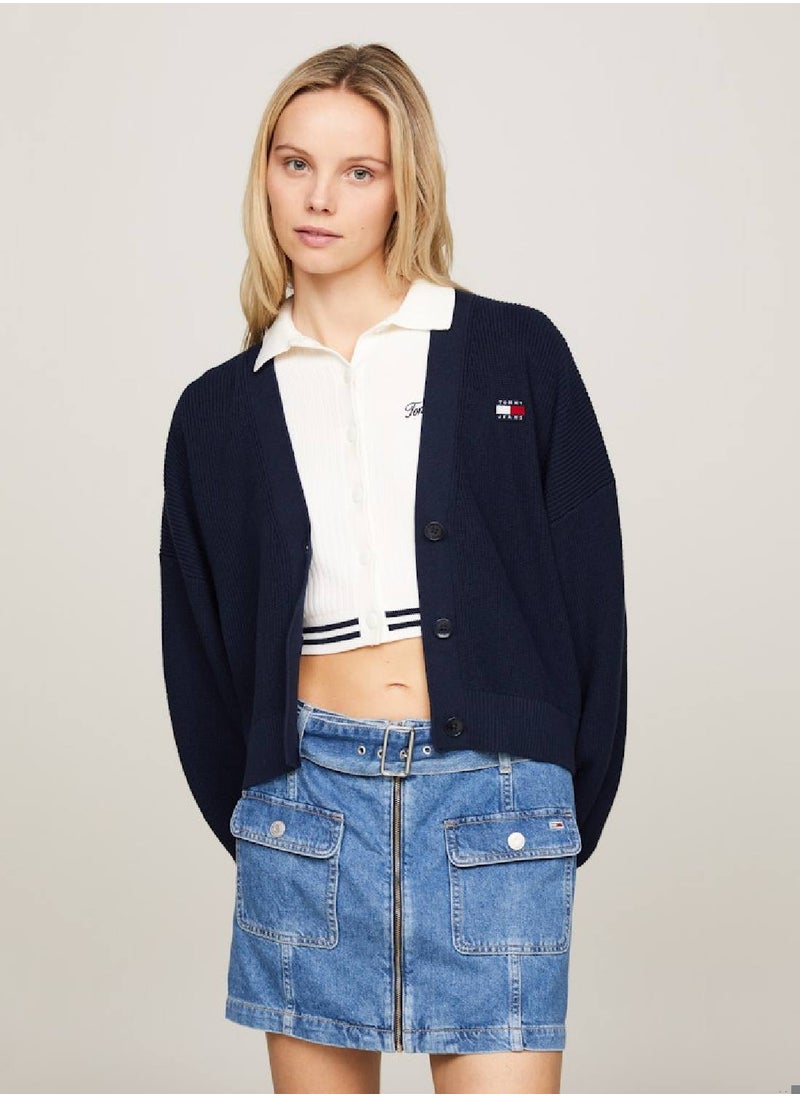 TOMMY JEANS - Women's Back Flag Badge V-Neck Cardigan -  Pure organic cotton, Navy - Image 1