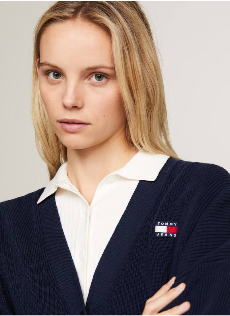 TOMMY JEANS - Women's Back Flag Badge V-Neck Cardigan -  Pure organic cotton, Navy - Image 1