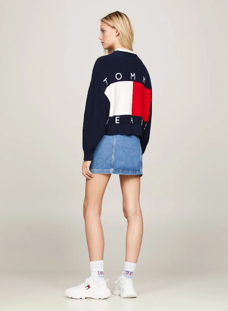 TOMMY JEANS Women's Back Flag Badge V-Neck Cardigan -  Pure organic cotton, Navy