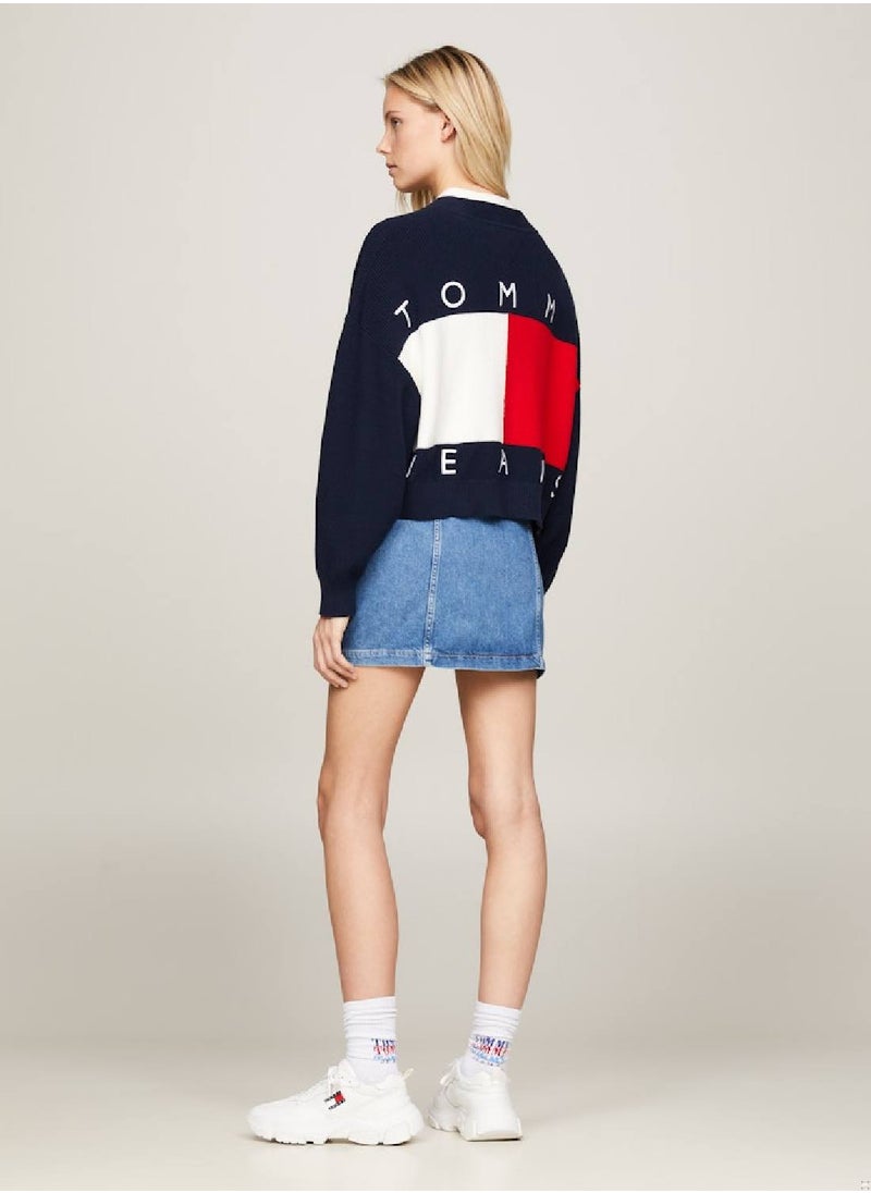 TOMMY JEANS - Women's Back Flag Badge V-Neck Cardigan -  Pure organic cotton, Navy - Image 1