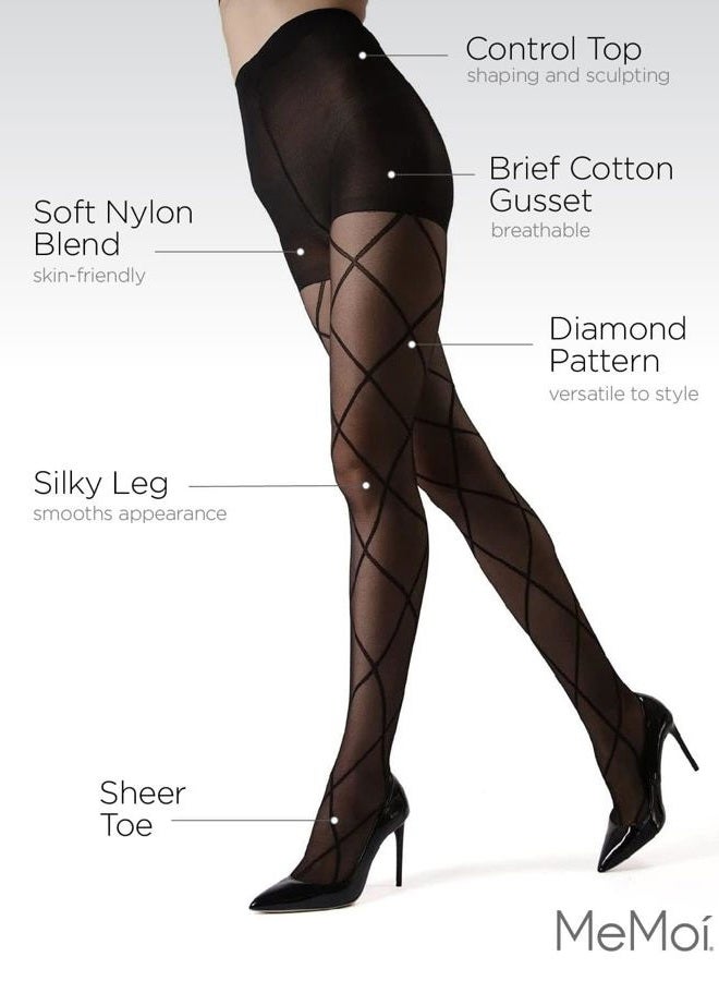 MeMoi Antwerp Elegant Sheer Diamond Tights, Black/Black, Medium-Large - Image 3