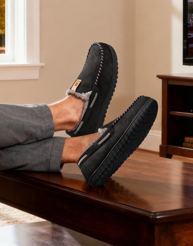 HomeTop Men's Moccasin Slippers Soft Faux Suede Plush Warm Lining Memory Foam Indoor House Shoes with Anti-Skid Sole (10, Black) - Image 2