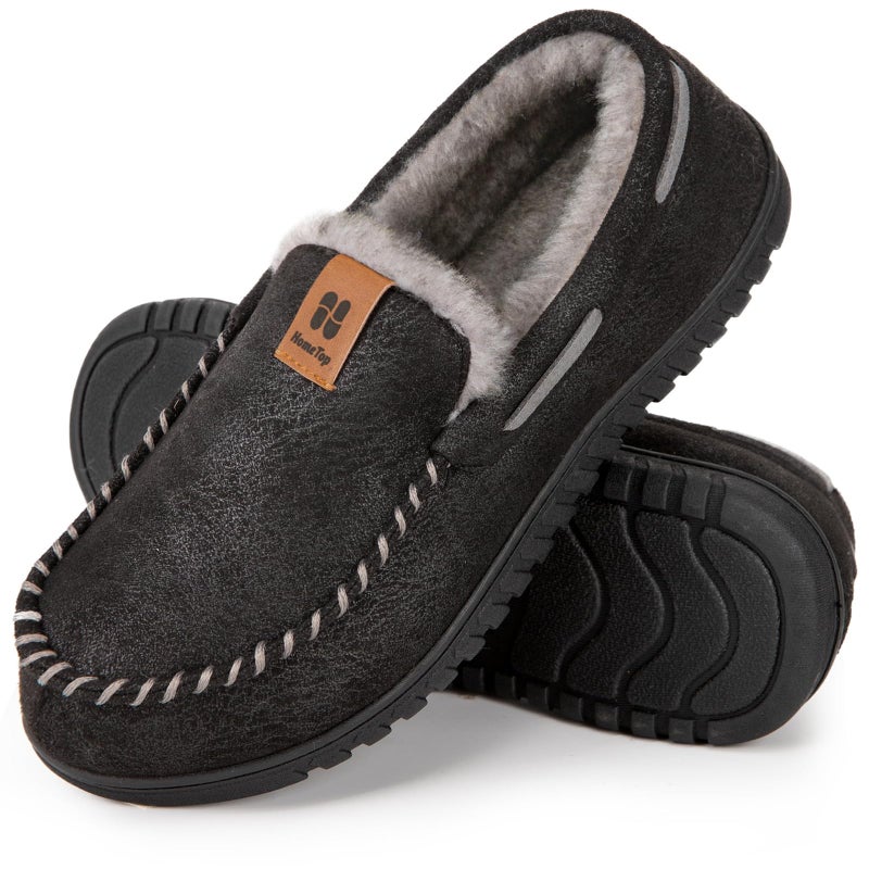 HomeTop Men's Moccasin Slippers Soft Faux Suede Plush Warm Lining Memory Foam Indoor House Shoes with Anti-Skid Sole (10, Black) - Image 1