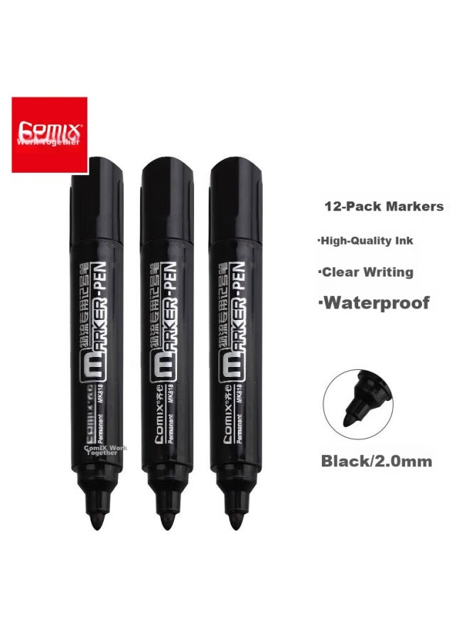 كوميكس Comix Black Thick-tip Logistics Oil-based Marker Pen، 12 قطعة/علبة، قرطاسية مكتبية، أداة، Mk818 - Image 1