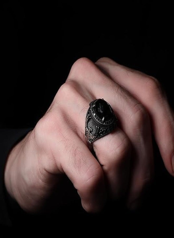 KsrModa 925 Sterling Silver Phoenix Design Men's Ring with Black Zircon Gemstone, Handmade Eagle Silver Ring for Men, 7, Sterling Silver, Zircon - Image 2