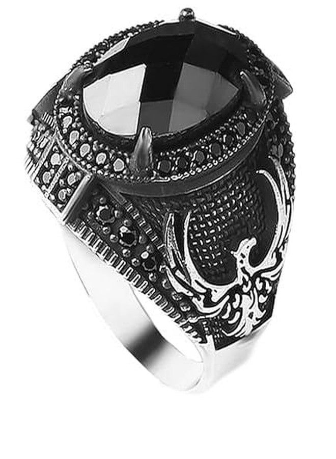 KsrModa 925 Sterling Silver Phoenix Design Men's Ring with Black Zircon Gemstone, Handmade Eagle Silver Ring for Men, 7, Sterling Silver, Zircon - Image 1