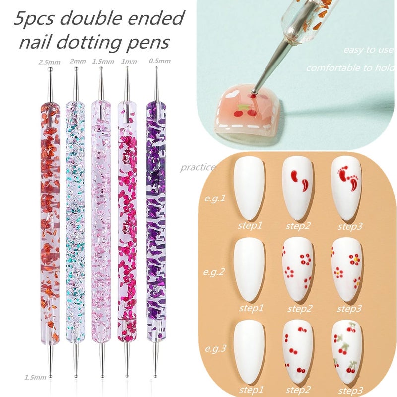 FULINJOY Nail Dotting Tools 10 Pcs Kit - 5 pcs Double-end Nail Dotting tools and 5 Pcs Nail Art Liner Painting Brushes - Image 2