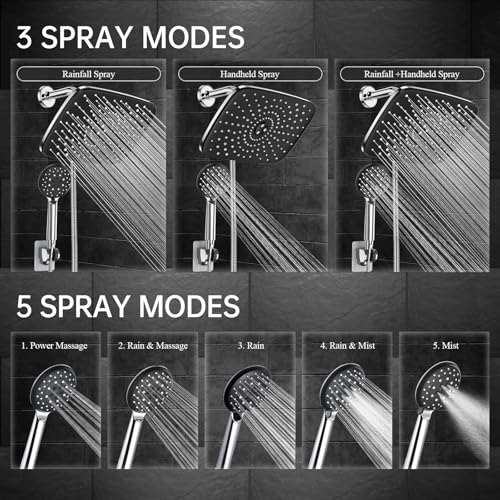 Veken 11.8 Inch Rain Shower Head with Handheld- High Pressure Dual Shower Heads with 5 Modes Handheld Spray Combo- Wide Rainfall Showerhead with Hose, Bathroom Accessories, Chrome - Image 4