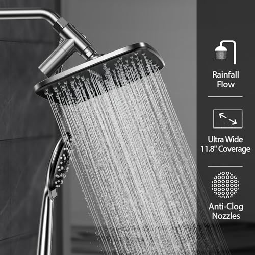 Veken 11.8 Inch Rain Shower Head with Handheld- High Pressure Dual Shower Heads with 5 Modes Handheld Spray Combo- Wide Rainfall Showerhead with Hose, Bathroom Accessories, Chrome - Image 3