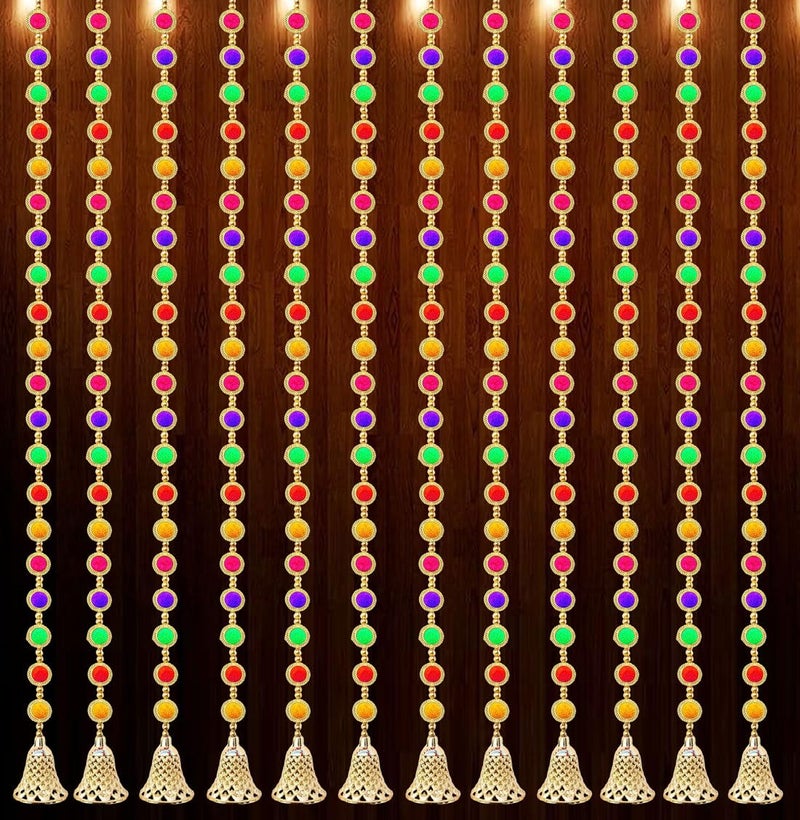 Tia Crafts Decorative Pom Pom Bead Toran, 1 Metre, Multicolor with Golden Bell Hangings Backdrops for Home Decor (Mix Colour Chakri (12 Strings)) - Image 2