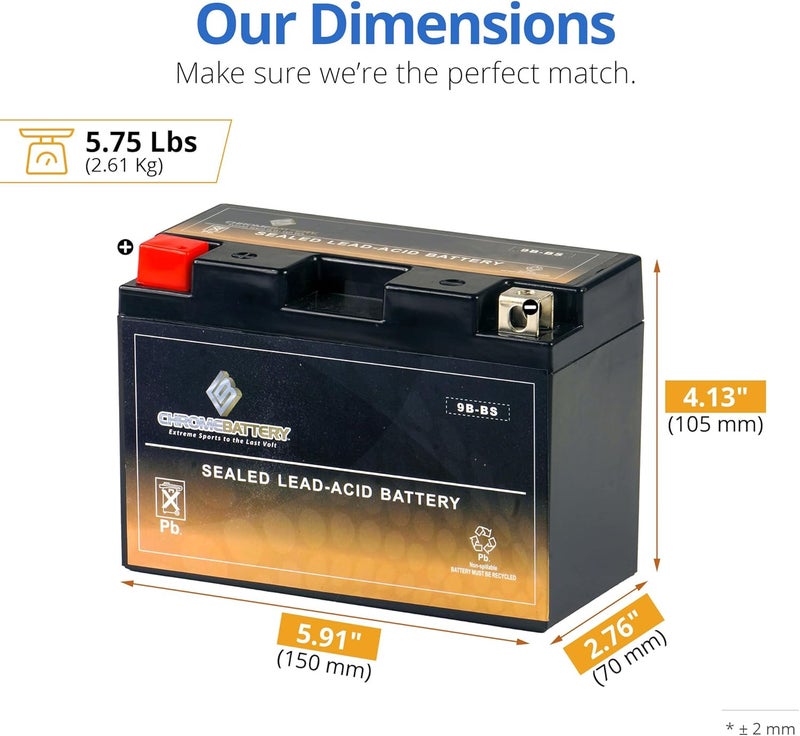 CB CHROMEBATTERY بطارية YTX9B-BS 12 فولت 115 CCA AGM – بطارية خالية من الصيانة بسعة 9 Ah للدراجات الرياضية، ATV، السكوتر، جت سكي – طرف صمولة ومسمار T3 – تناسب ياماها R6، هوندا CBR600F4i، سوزوكي GSX-R600 - Image 3