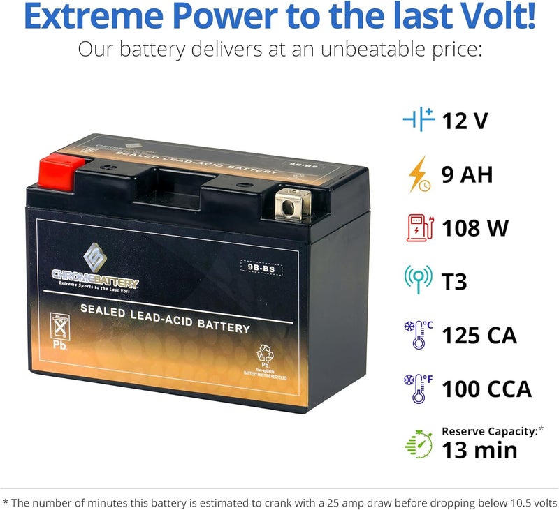 CB CHROMEBATTERY بطارية YTX9B-BS 12 فولت 115 CCA AGM – بطارية خالية من الصيانة بسعة 9 Ah للدراجات الرياضية، ATV، السكوتر، جت سكي – طرف صمولة ومسمار T3 – تناسب ياماها R6، هوندا CBR600F4i، سوزوكي GSX-R600 - Image 4