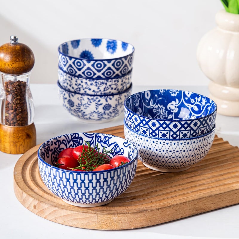 Cerkik Ceramic Dessert Bowls Set 11 Oz Small Ice Cream Bowl for kitchen 47 Inch Porcelain Cereal Bowl for Fruits Salad Side Dishes Ramen Microwave Dishwasher Safe Set of 6 Vintage Blue - Image 5