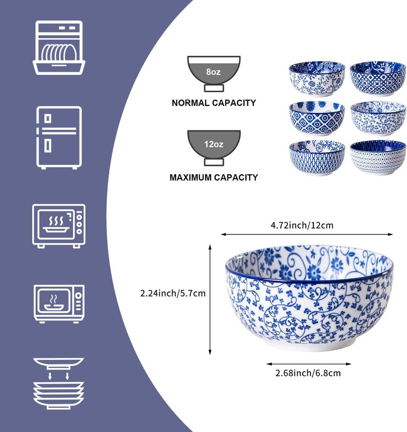 Cerkik Ceramic Dessert Bowls Set 11 Oz Small Ice Cream Bowl for kitchen 47 Inch Porcelain Cereal Bowl for Fruits Salad Side Dishes Ramen Microwave Dishwasher Safe Set of 6 Vintage Blue - Image 4