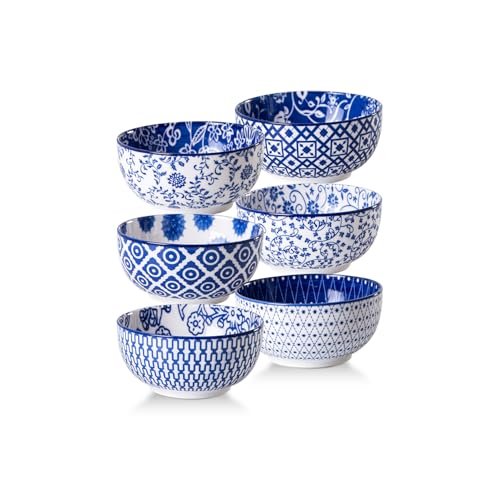 Cerkik Ceramic Dessert Bowls Set 11 Oz Small Ice Cream Bowl for kitchen 47 Inch Porcelain Cereal Bowl for Fruits Salad Side Dishes Ramen Microwave Dishwasher Safe Set of 6 Vintage Blue - Image 1