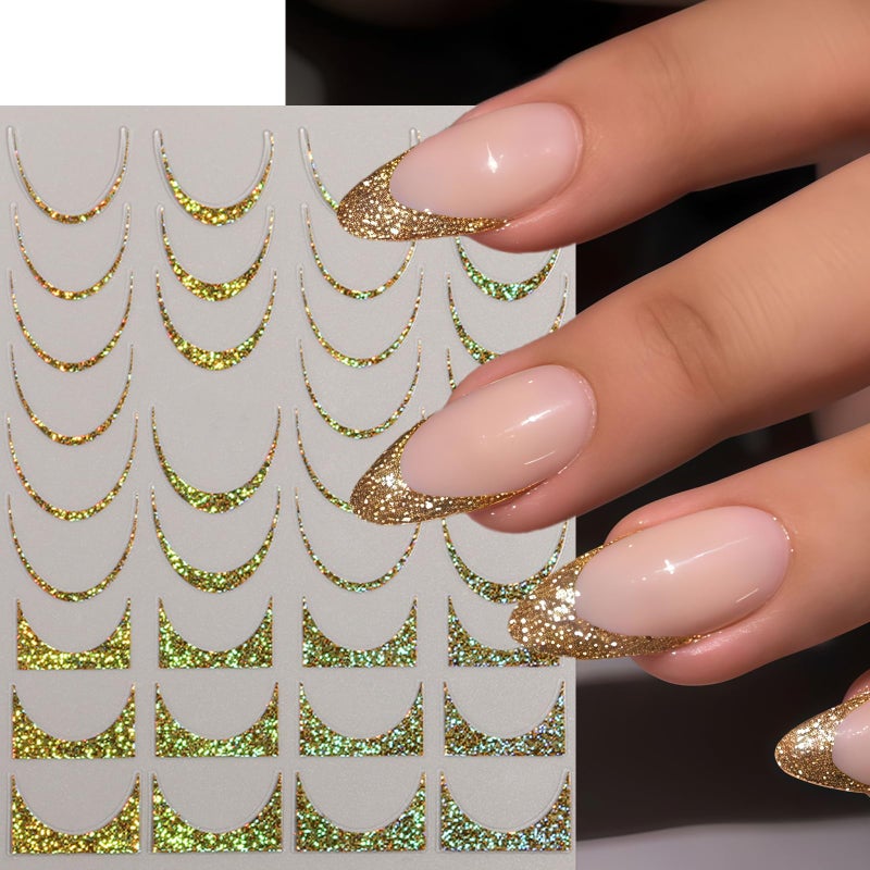 Quezadyl 8 Sheets French Tip Nail Art Stickers 3D Self-Adhesive Gold Laser Stripes French Line Transfer Decals Curved Lines Nail Art Designs Glitter Guides Stripe Manicure Accessories for Women DIY Nail Decor - Image 2