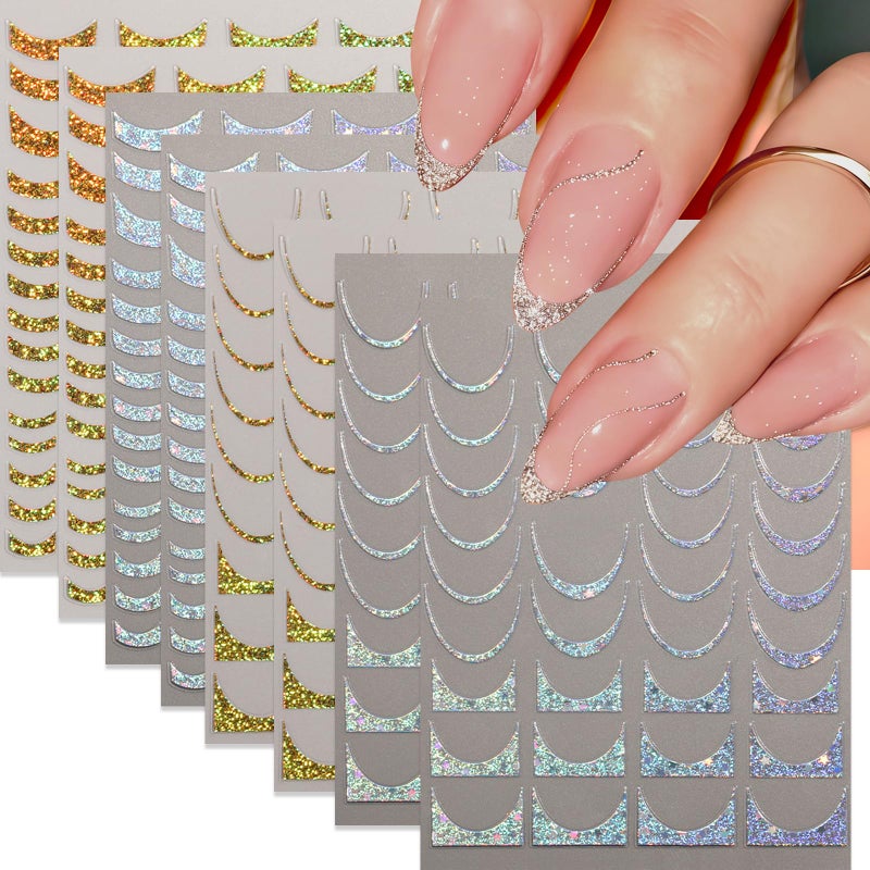 Quezadyl 8 Sheets French Tip Nail Art Stickers 3D Self-Adhesive Gold Laser Stripes French Line Transfer Decals Curved Lines Nail Art Designs Glitter Guides Stripe Manicure Accessories for Women DIY Nail Decor - Image 1