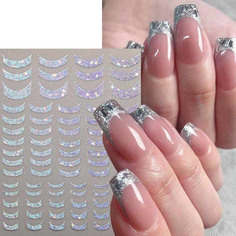 Quezadyl 8 Sheets French Tip Nail Art Stickers 3D Self-Adhesive Gold Laser Stripes French Line Transfer Decals Curved Lines Nail Art Designs Glitter Guides Stripe Manicure Accessories for Women DIY Nail Decor - Image 3