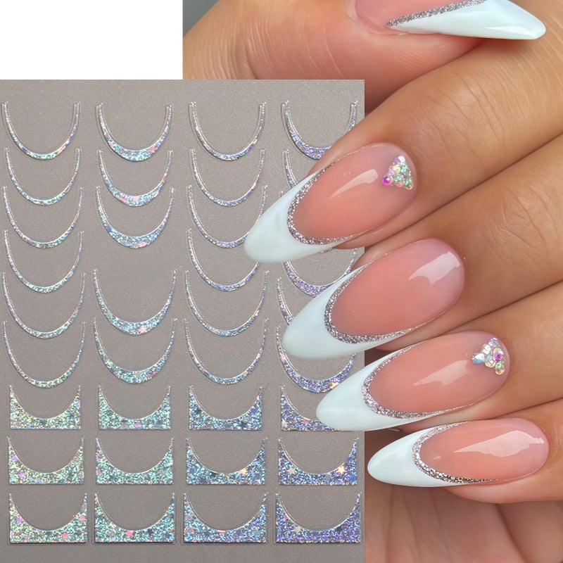 Quezadyl 8 Sheets French Tip Nail Art Stickers 3D Self-Adhesive Gold Laser Stripes French Line Transfer Decals Curved Lines Nail Art Designs Glitter Guides Stripe Manicure Accessories for Women DIY Nail Decor - Image 5