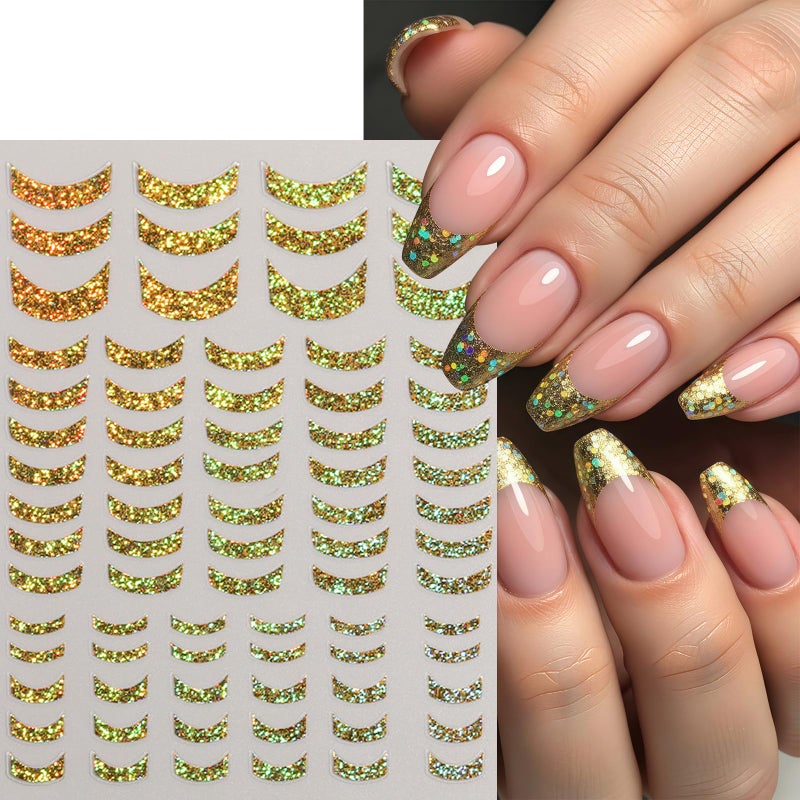 Quezadyl 8 Sheets French Tip Nail Art Stickers 3D Self-Adhesive Gold Laser Stripes French Line Transfer Decals Curved Lines Nail Art Designs Glitter Guides Stripe Manicure Accessories for Women DIY Nail Decor - Image 4