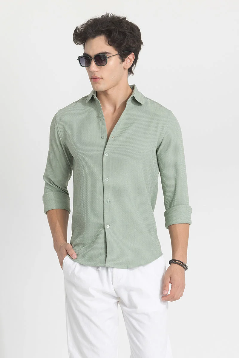 Light Green Textured Long Sleeve Slim Fit Casual Shirt