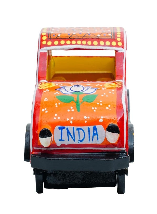 ITOS365 Handmade Wooden Car Toy for Kids | Hand-Painted Indian Folk Art Design | Eco-Friendly Wooden Vehicle | Decorative & Educational Toy | Gift for Children (Orange) - Image 3