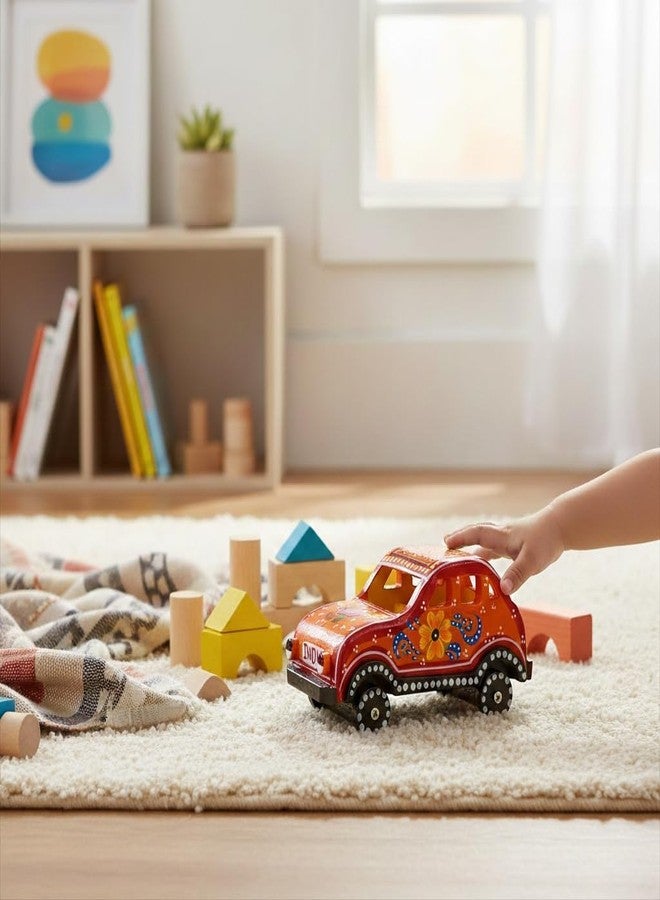 ITOS365 Handmade Wooden Car Toy for Kids | Hand-Painted Indian Folk Art Design | Eco-Friendly Wooden Vehicle | Decorative & Educational Toy | Gift for Children (Orange) - Image 2