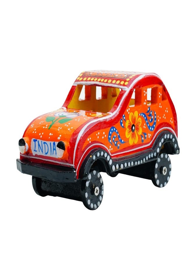 ITOS365 Handmade Wooden Car Toy for Kids | Hand-Painted Indian Folk Art Design | Eco-Friendly Wooden Vehicle | Decorative & Educational Toy | Gift for Children (Orange) - Image 1