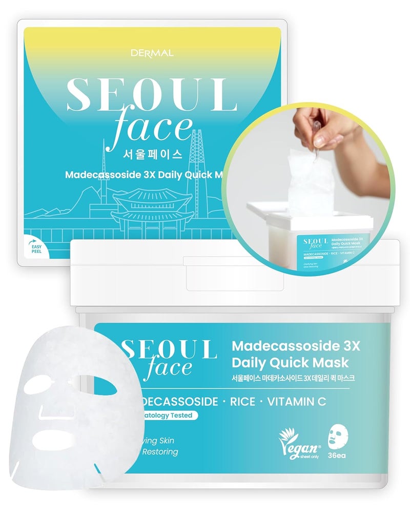 DERMAL Seoul Face Madecassoside 3X Daily Quick Mask 36 Sheet  Korean Skincare Vegan Tencel Facial Masks  Improving Dark Spots Soften Skin Mask Sheets with Rice Vitamin C Panthenol