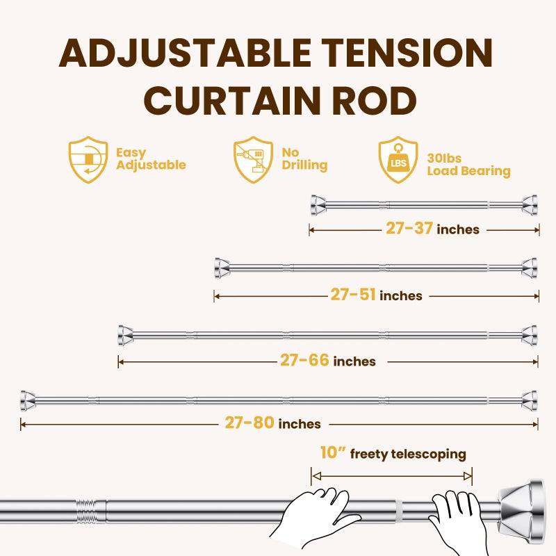 TITGIPE Shower Curtain Rod 27-80 Inches, No Drill Tension Curtain Rod, Adjustable Spring Tension Shower Rods for Bathroom, Kitchens, Windows, No Rust, Silver - Image 3