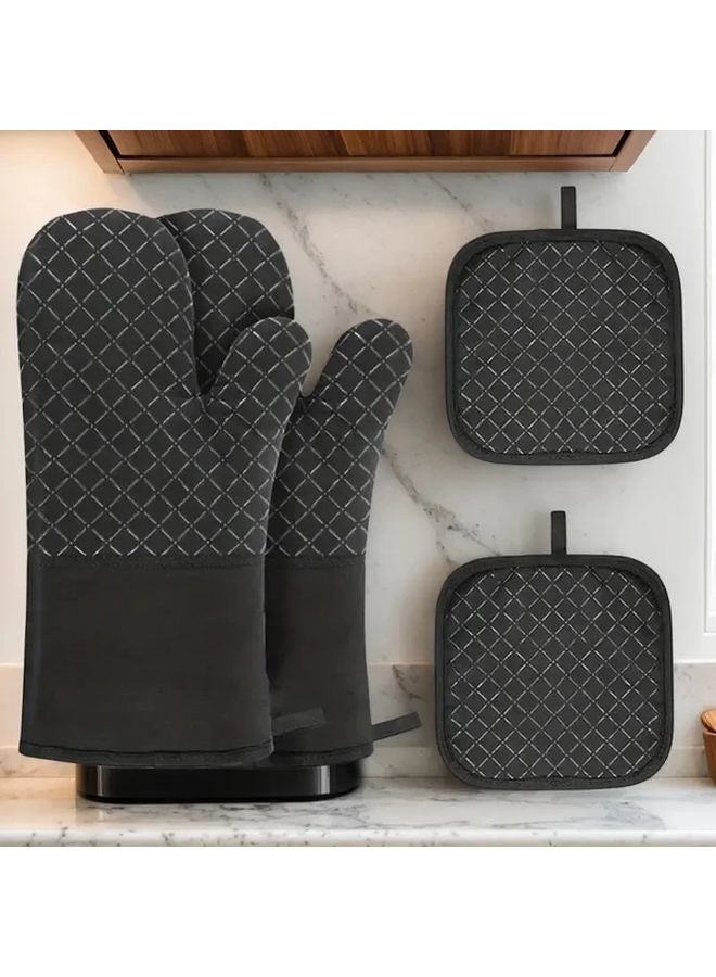 Black Anti Slip Glove Set With Pot Holder Soft Comfortable Super Grip Kitchen Tool - Image 2