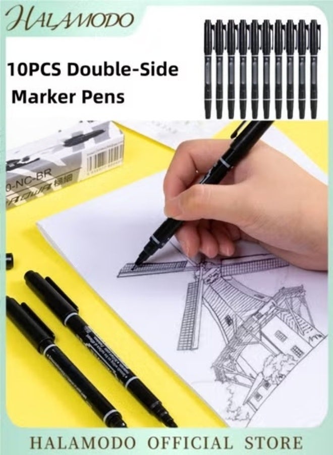Halamodo 10PCS Double-headed Marker Pens Black Felt Tip Pens Dual Tip Brush Pens Art Markers Set Brush & Fine Tip Marker for Art Drawing Sketching Writing Dooding Marking - Image 1
