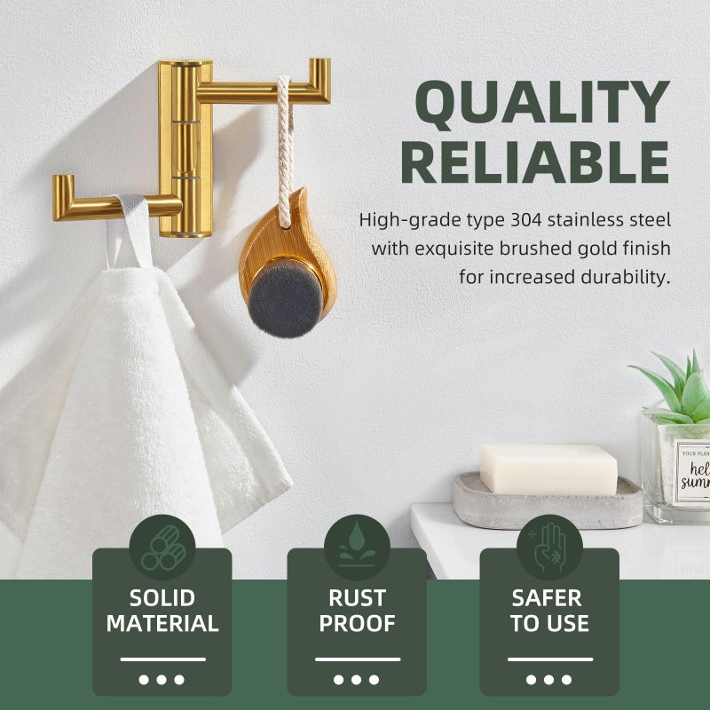 Angle Simple 3 Arms Towel Hook Brushed Dark Gold, 304 Stainless Steel Swivel Triple Towel Holder, Folding Bathroom Hook, Wall Mount - Image 5