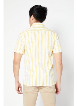 LACOSTE Men Regular Fit Short Sleeve Stripe Casual Shirt, White/Yellow  - Image 3
