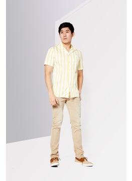 LACOSTE Men Regular Fit Short Sleeve Stripe Casual Shirt, White/Yellow  - Image 2