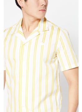 LACOSTE Men Regular Fit Short Sleeve Stripe Casual Shirt, White/Yellow  - Image 4