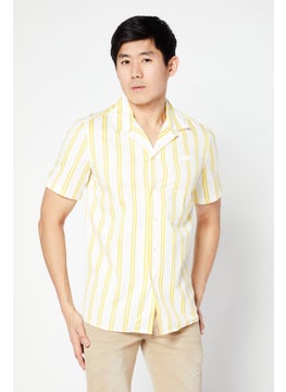 LACOSTE Men Regular Fit Short Sleeve Stripe Casual Shirt, White/Yellow  - Image 1