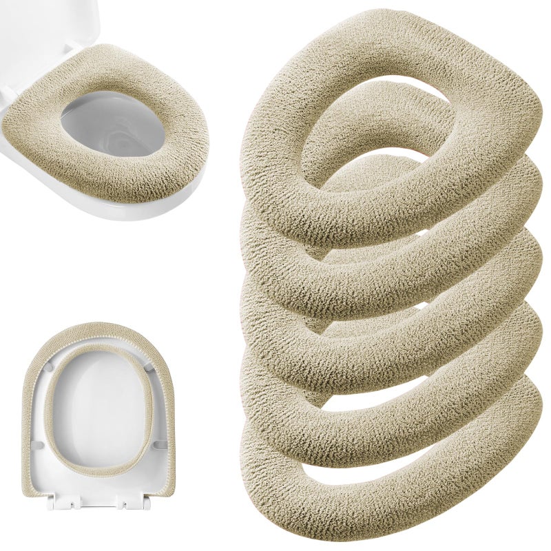 Legigo Legigo 5 Pack Thicker Bathroom Toilet Seat Cover Pads Soft Warmer Toilet Seat Cushion Cover Stretchable Washable Fiber Cloth Easy Installation Comfortable Toilet Lid Seat CoverKnit Elongated Beige