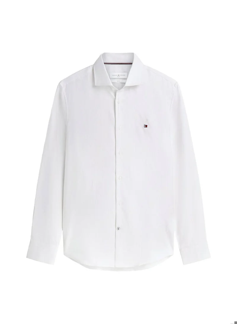 Tommy Hilfiger White Slim Fit Flag Embroidery Dobby Shirt for Men | Best Price UAE