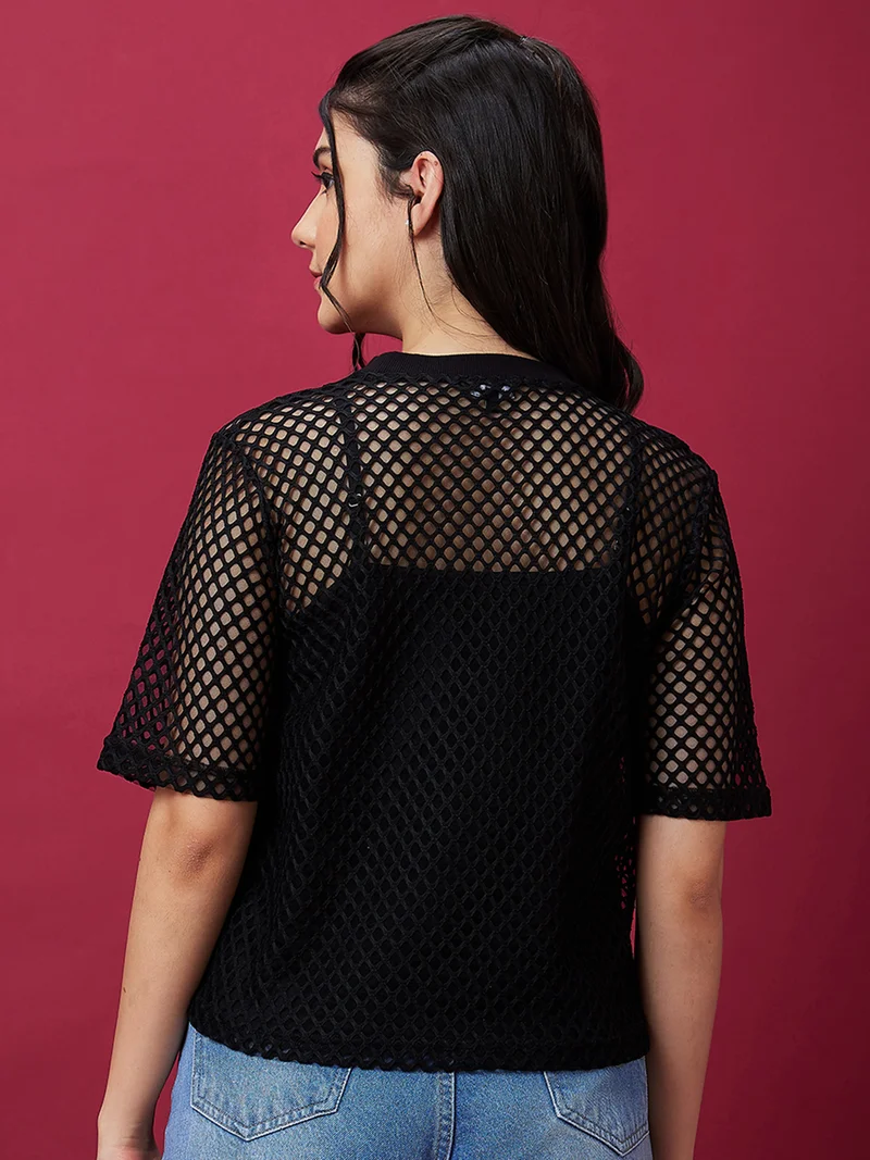 globus Women Semi Sheer Boxy Mesh Party Top