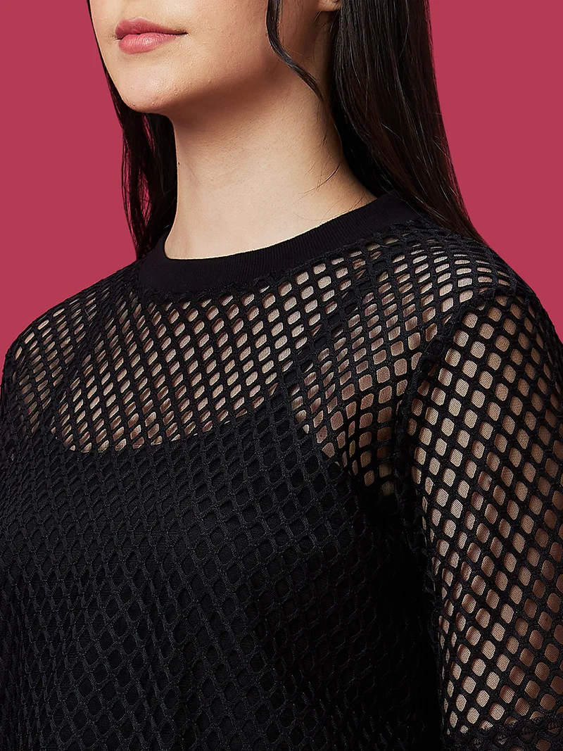 globus Women Semi Sheer Boxy Mesh Party Top