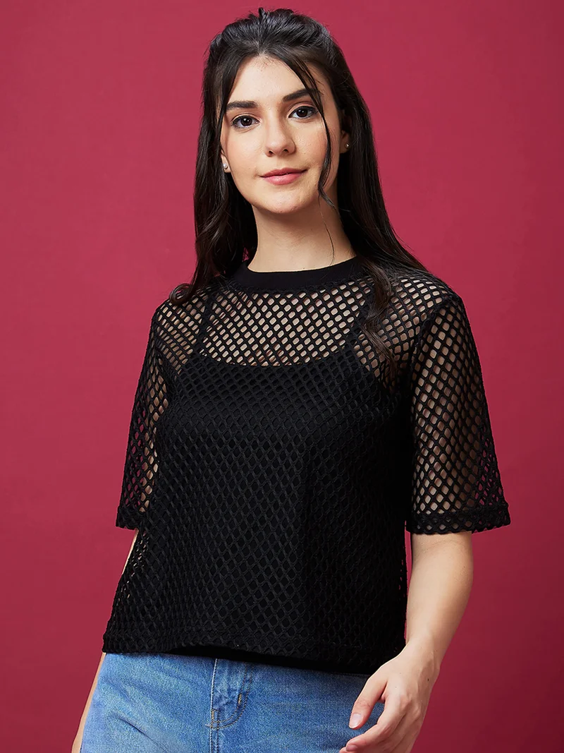globus Women Semi Sheer Boxy Mesh Party Top