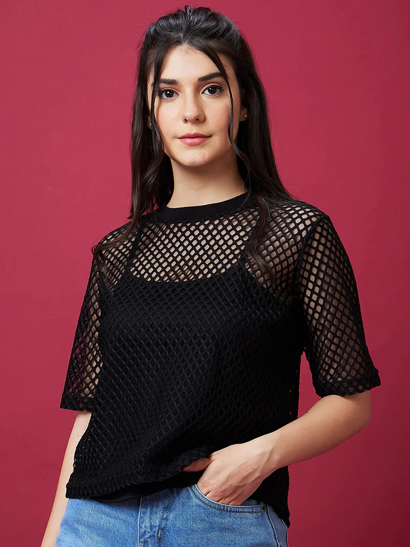 globus Women Semi Sheer Boxy Mesh Party Top