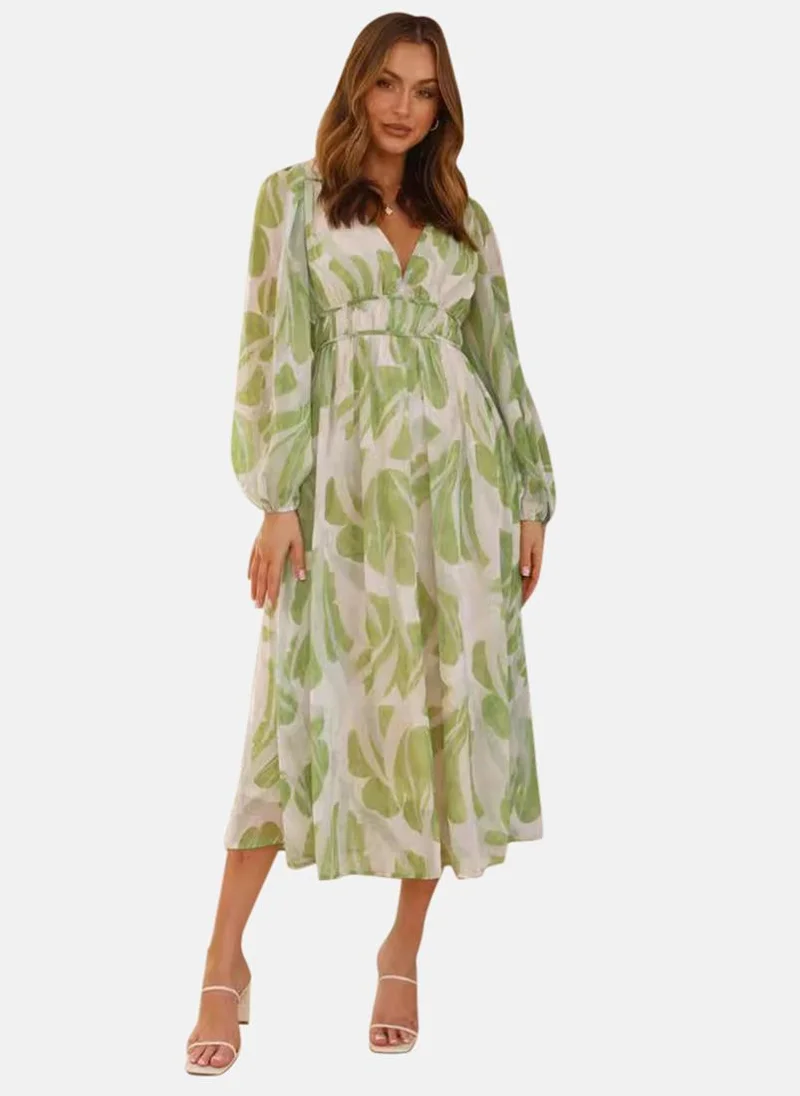 يونيكي Light Green and White Fit & Flare V Neck Tropical Print Dress