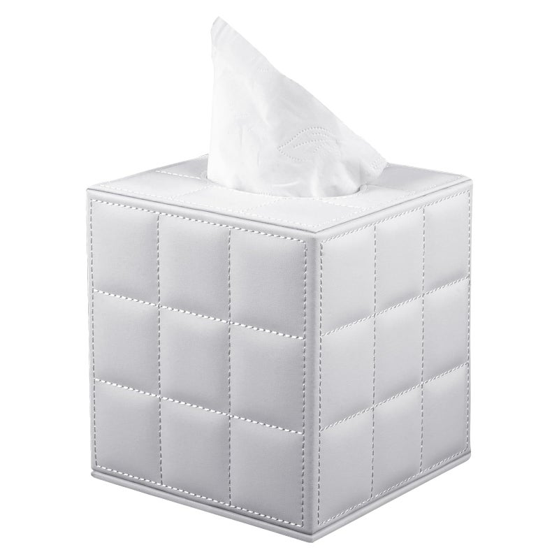 RHCSZ Tissue Box Cover SquareStylish PU Leather Tissue Box Holder for Dresser BathroomFacial Tissue Holder with Magnetic Bottom for Home Office White