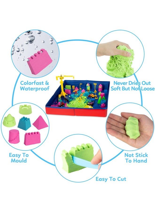 ThinkMax ThinkMax Sand Kit for Kids, 3lbs Sand, 6 Mini Construction Trucks, Construction Toys and Signs, Castle Sand Molds Tools, Foldable Box and Storage Bin Tote, 43PCS Sand Set for Boys Grils  - Image 5