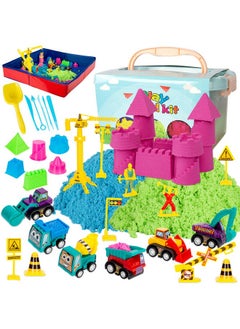ThinkMax ThinkMax Sand Kit for Kids, 3lbs Sand, 6 Mini Construction Trucks, Construction Toys and Signs, Castle Sand Molds Tools, Foldable Box and Storage Bin Tote, 43PCS Sand Set for Boys Grils  - Image 1