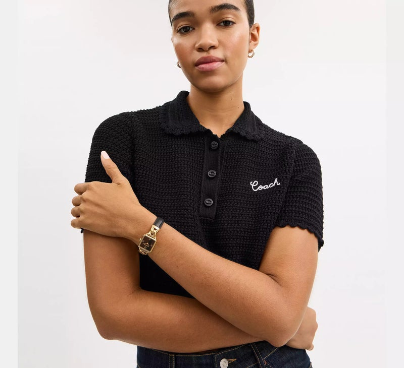 COACH ساعة نسائية مربعة من الفولاذ الذهبي الرقيق مع طلاء أيوني - Image 5