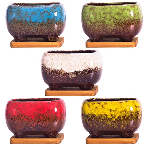 ARTKETTY Succulent Pots - 4.7 Inch Ceramic Succulent Planters Pots with Drainage Set of 5, Rectangular Bonsai Pots with Bamboo Trays Small Pots for Indoor Cactus Flower Plants for Home Office Decor - Image 3